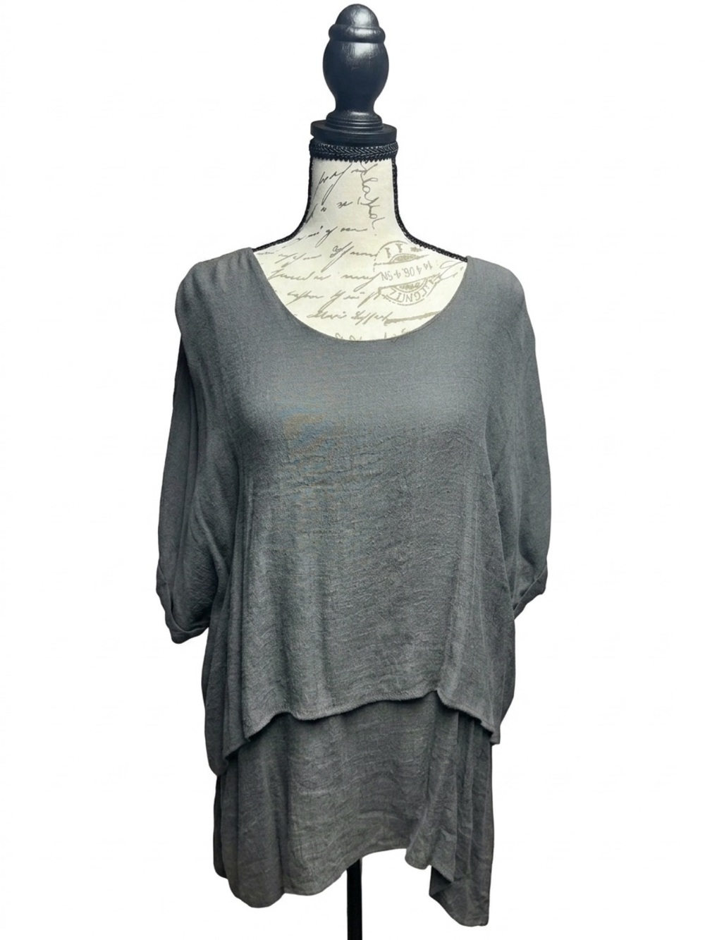Umgee Charcoal Gray Tiered Layered Tunic Top Medium Short Sleeve Boho Oversized - Picture 2 of 5